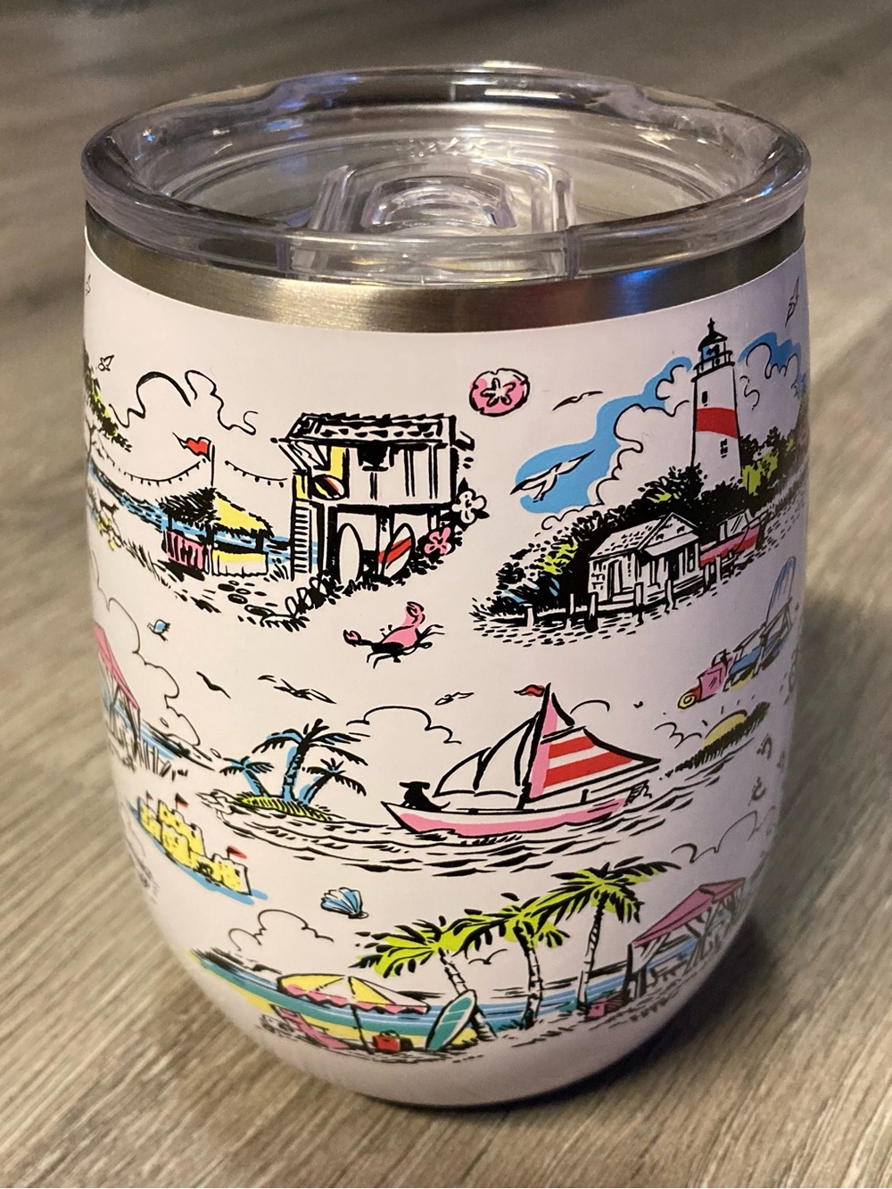 14oz White Coastal Print Stemless Wine Cup - Take a Swig of Life